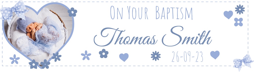 Personalised Baptism Banner - Blue Hearts - Custom Name, Date & 1 Photo Upload