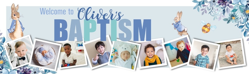 Personalised Baptism Banner - Blue Rabbit - Custom Name & 9 Photo Upload