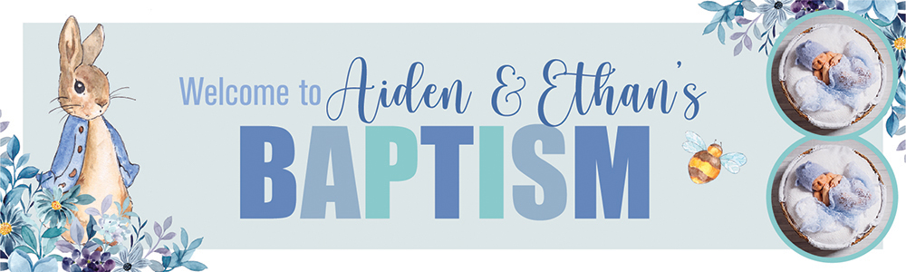 Personalised Baptism Banner - Blue Rabbit Twins - Custom Name & 2 Photo Upload