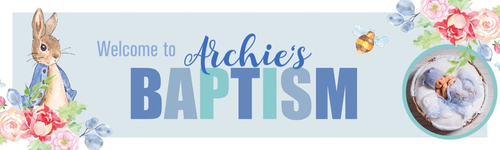 Personalised Baptism Banner - Blue Rabbit Welcome - Custom Name & 1 Photo Upload