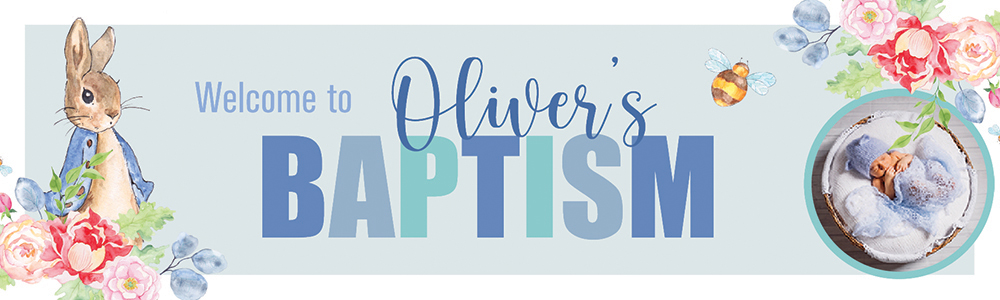 Personalised Baptism Banner - Blue Rabbit Welcome - Custom Name & 1 Photo Upload