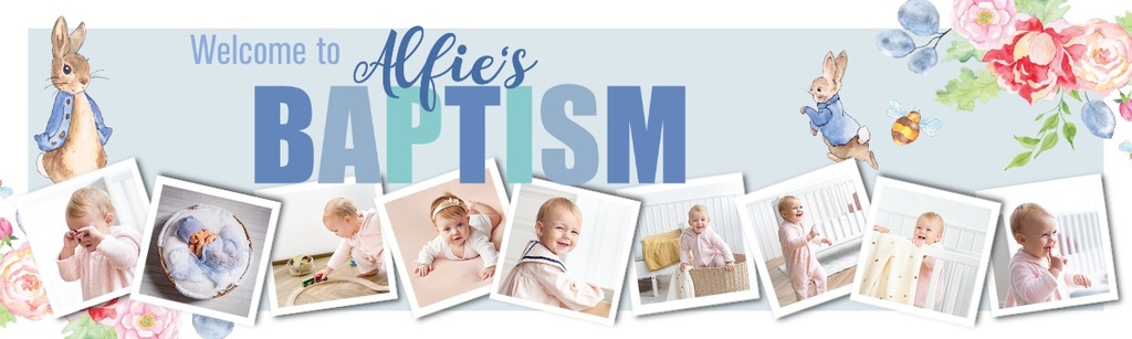 Personalised Baptism Banner - Blue Rabbit Welcome - Custom Name & 9 Photo Upload