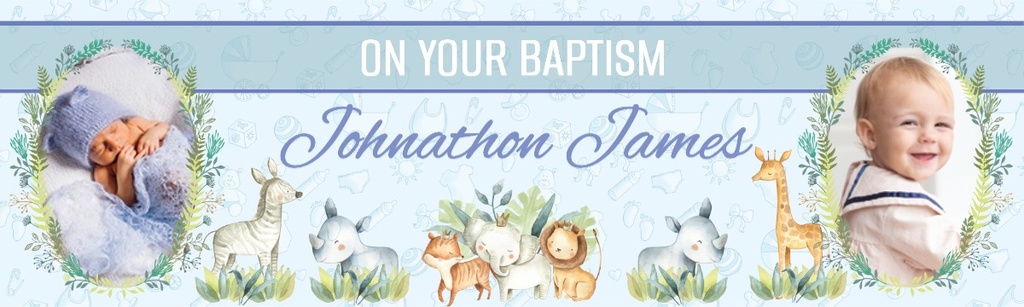 Personalised Baptism Banner - Blue Safari Animals - Custom Name & 2 Photo Upload