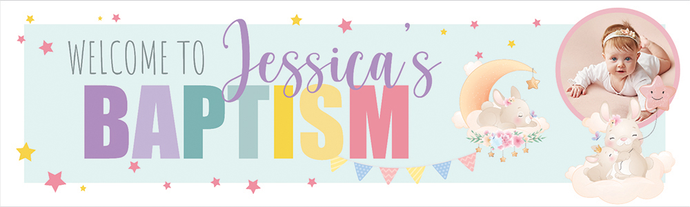 Personalised Baptism Banner - Bunny & Stars - Custom Name & 1 Photo Upload