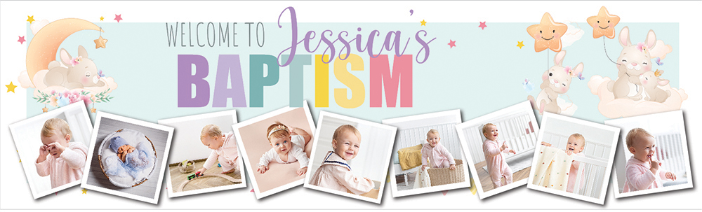 Personalised Baptism Banner - Bunny & Stars - Custom Name & 9 Photo Upload