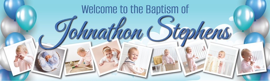 Personalised Baptism Banner - Clouds & Blue Balloons - Custom Name & 9 Photo Upload