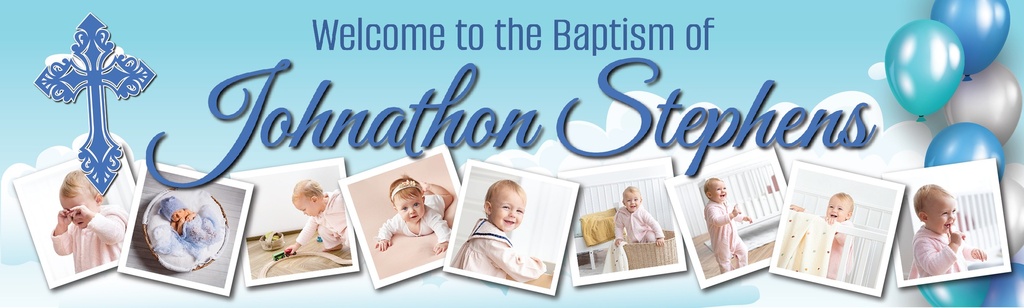 Personalised Baptism Banner - Clouds & Blue Cross - Custom Name & 9 Photo Upload