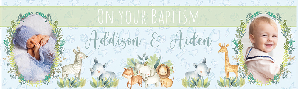Personalised Baptism Banner - Green Safari Animals Twins - Custom Name & 2 Photo Upload