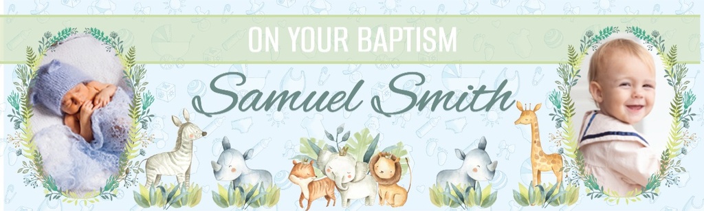 Personalised Baptism Banner - Green Safari Animals - Custom Name & 2 Photo Upload