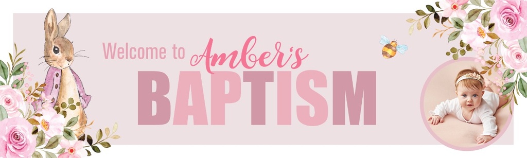 Personalised Baptism Banner - Pink Rabbit - Custom Name & 1 Photo Upload