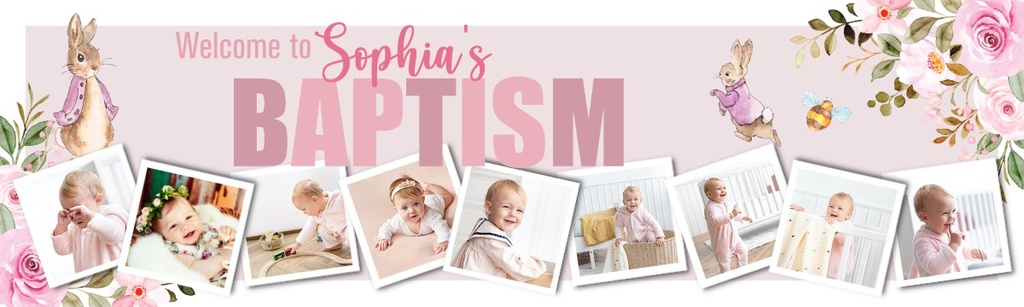 Personalised Baptism Banner - Pink Rabbit - Custom Name & 9 Photo Upload