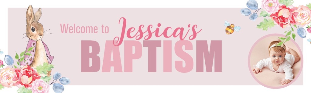 Personalised Baptism Banner - Pink Rabbit Floral Welcome - Custom Name & 1 Photo