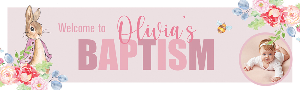 Personalised Baptism Banner - Pink Rabbit Floral Welcome - Custom Name & 1 Photo