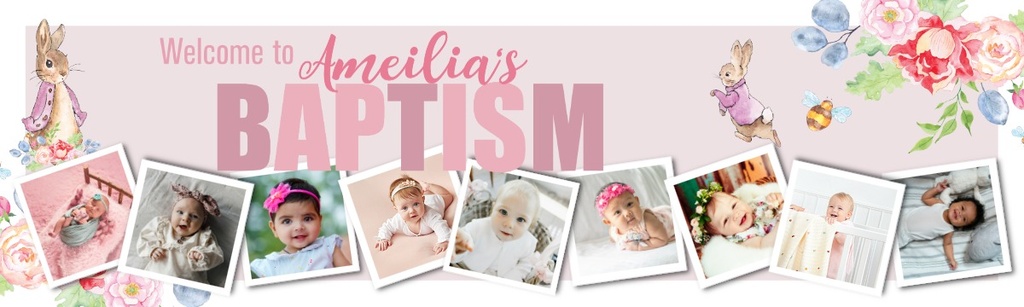 Personalised Baptism Banner - Pink Rabbit Floral Welcome - Custom Name & 9 Photo