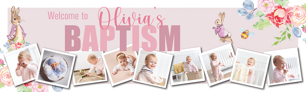 Personalised Baptism Banner - Pink Rabbit Floral Welcome - Custom Name & 9 Photo