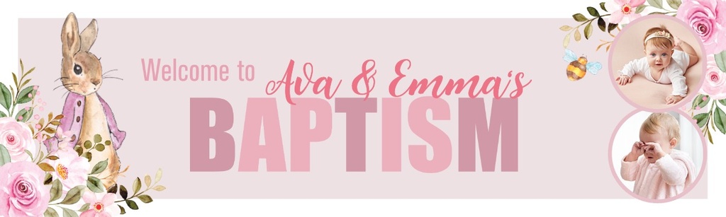 Personalised Baptism Banner - Pink Rabbit Twins - Custom Name & 2 Photo Upload