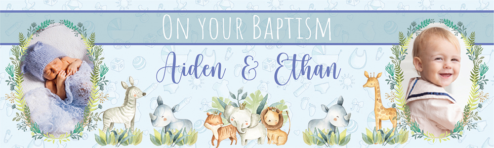 Personalised Baptism Banner - Safari Animals Twins - Custom Name & 2 Photo Upload