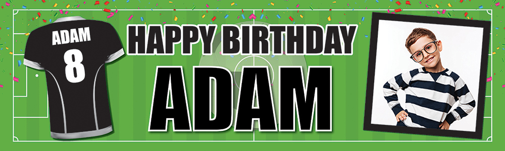 Personalised Birthday Banner - Black Football Shirt- Custom Text 1 Photo Upload