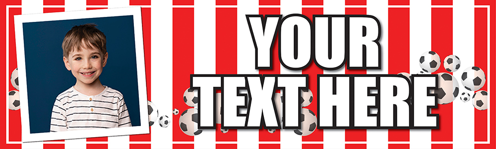 Personalised Birthday Banner - Football Red & White Stripes - Custom Text & 1 Photo Upload