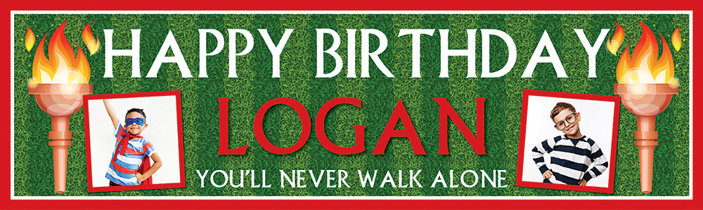 Personalised Birthday Banner - Liverpool Football Red- Custom Text & 2 Photo Upload