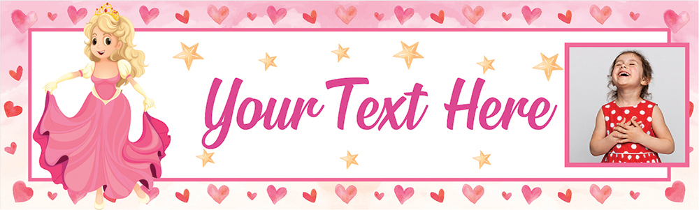 Personalised Birthday Banner - Pink Princess & Stars - Custom Text & 1 Photo Upload