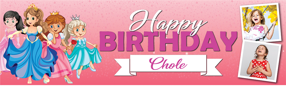 Personalised Birthday Banner - Princess Party Pink - Custom Name & 2 Photo Upload