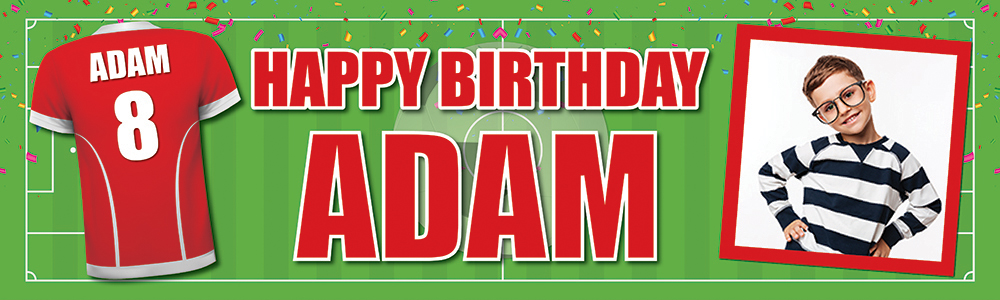 Personalised Birthday Banner - Red Football Shirt- Custom Text 1 Photo Upload