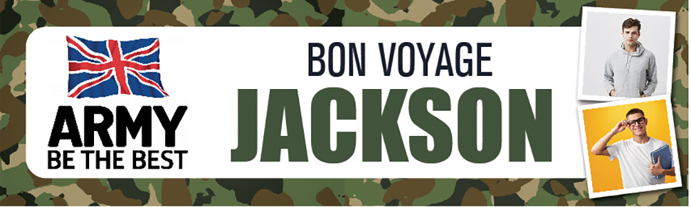 Personalised Bon Voyage Banner - Army Camo Design - Custom Name & 2 Photo Upload