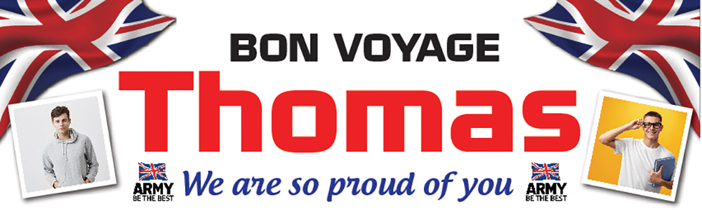 Personalised Bon Voyage Banner - British Army Flag - Custom Name & 2 Photo Upload