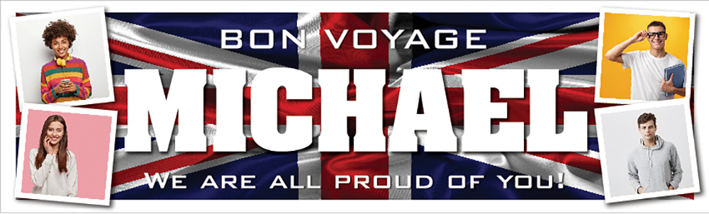 Personalised Bon Voyage Banner - British Flag Army - Custom Name & 4 Photo Upload