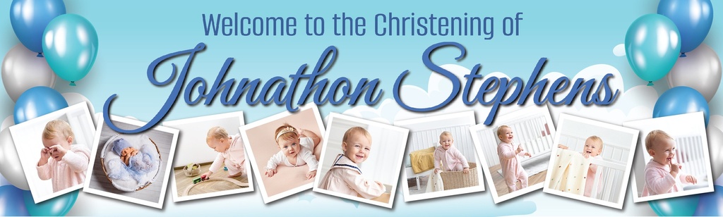 Personalised Christening Banner - Blue Balloons - Custom Name & 9 Photo Upload