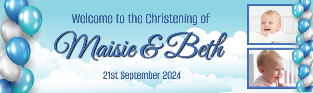 Personalised Christening Banner - Blue Balloons Twins - Custom Name, Date & 2 Photo Upload