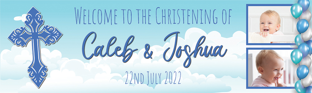 Personalised Christening Banner - Blue Cross Twins - Custom Name, Date & 2 Photo Upload