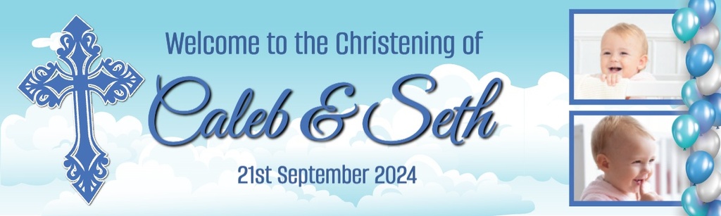 Personalised Christening Banner - Blue Cross Twins - Custom Name, Date & 2 Photo Upload