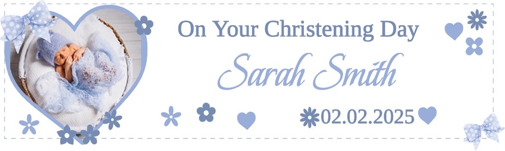 Personalised Christening Banner - Blue Hearts - Custom Name, Date & 1 Photo Upload