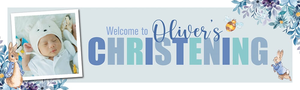 Personalised Christening Banner - Blue Rabbit - Custom Name & 1 Photo Upload