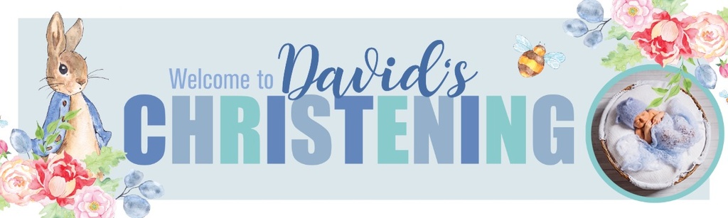 Personalised Christening Banner - Blue Rabbit - Custom Name & 1 Photo Upload