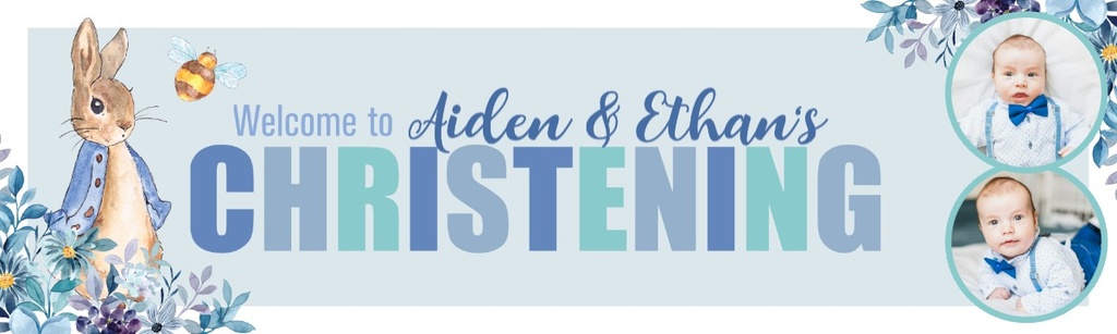 Personalised Christening Banner - Blue Rabbit Twins - Custom Name & 2 Photo Upload