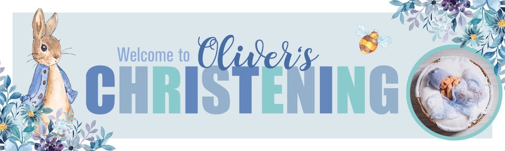 Personalised Christening Banner - Blue Rabbit Welcome - Custom Name & 1 Photo Upload