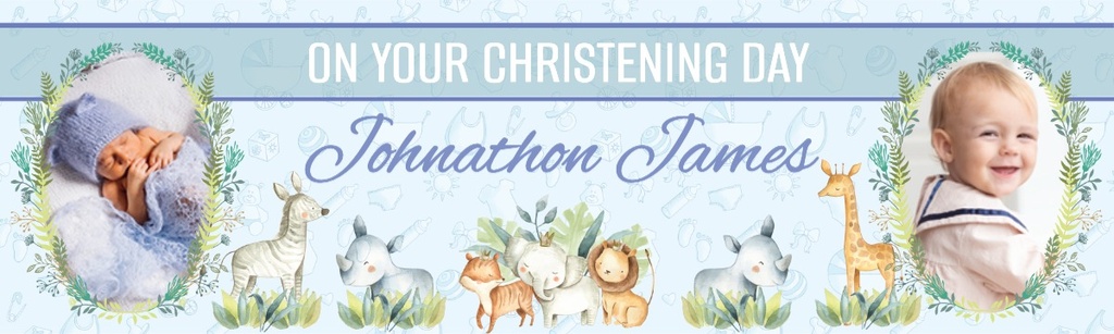 Personalised Christening Banner - Blue Safari Animals - Custom Name & 2 Photo Upload