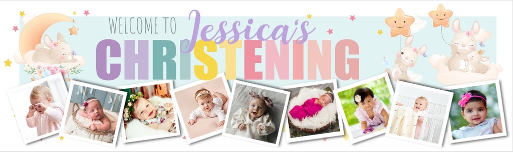 Personalised Christening Banner - Bunny & Stars - Custom Name & 9 Photo Upload