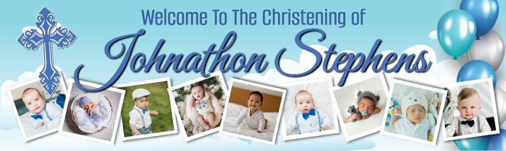 Personalised Christening Banner - Clouds & Blue Cross - Custom Name & 9 Photo Upload