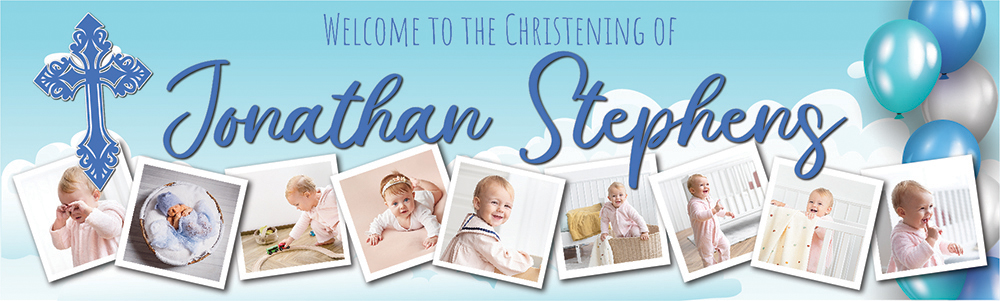 Personalised Christening Banner - Clouds & Blue Cross - Custom Name & 9 Photo Upload