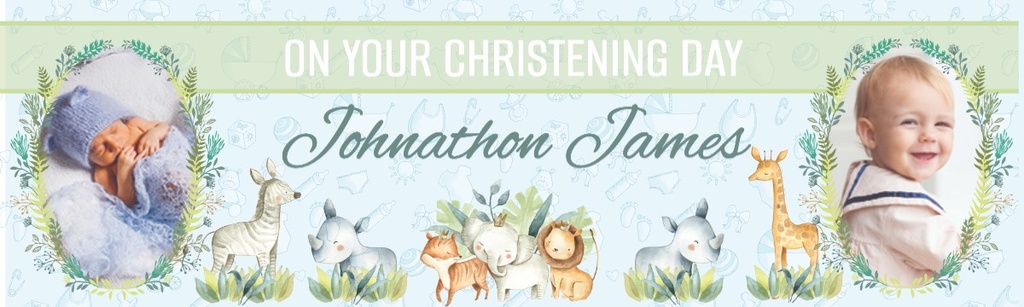 Personalised Christening Banner - Green Safari Animals - Custom Name & 2 Photo Upload