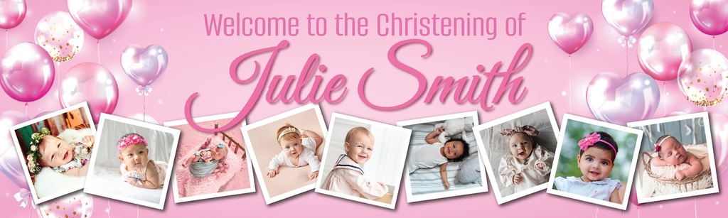 Personalised Christening Banner - Pink Balloons - Custom Name & 9 Photo Upload