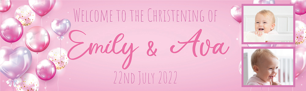 Personalised Christening Banner - Pink Balloons Twins - Custom Name, Date & 2 Photo Upload