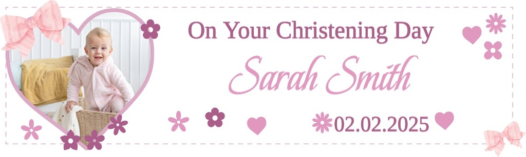 Personalised Christening Banner - Pink Hearts - Custom Name, Date & 1 Photo Upload