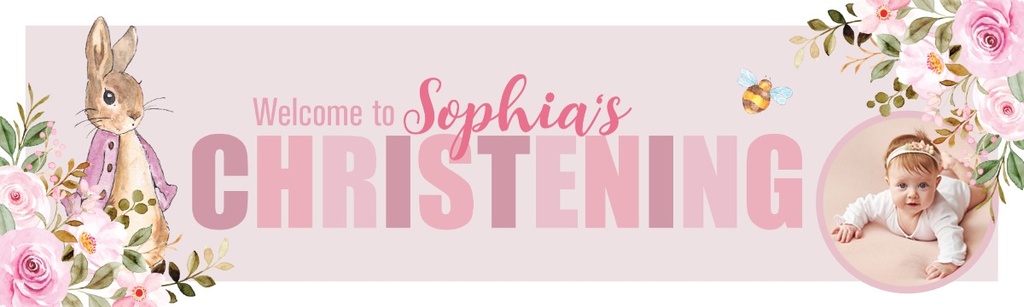 Personalised Christening Banner - Pink Rabbit - Custom Name & 1 Photo Upload