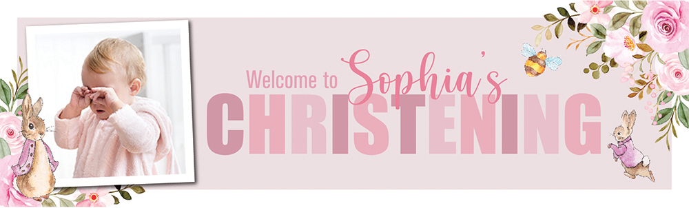 Personalised Christening Banner - Pink Rabbit Floral - Custom Name & 1 Photo Upload