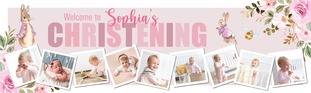 Personalised Christening Banner - Pink Rabbit - Custom Name & 9 Photo Upload